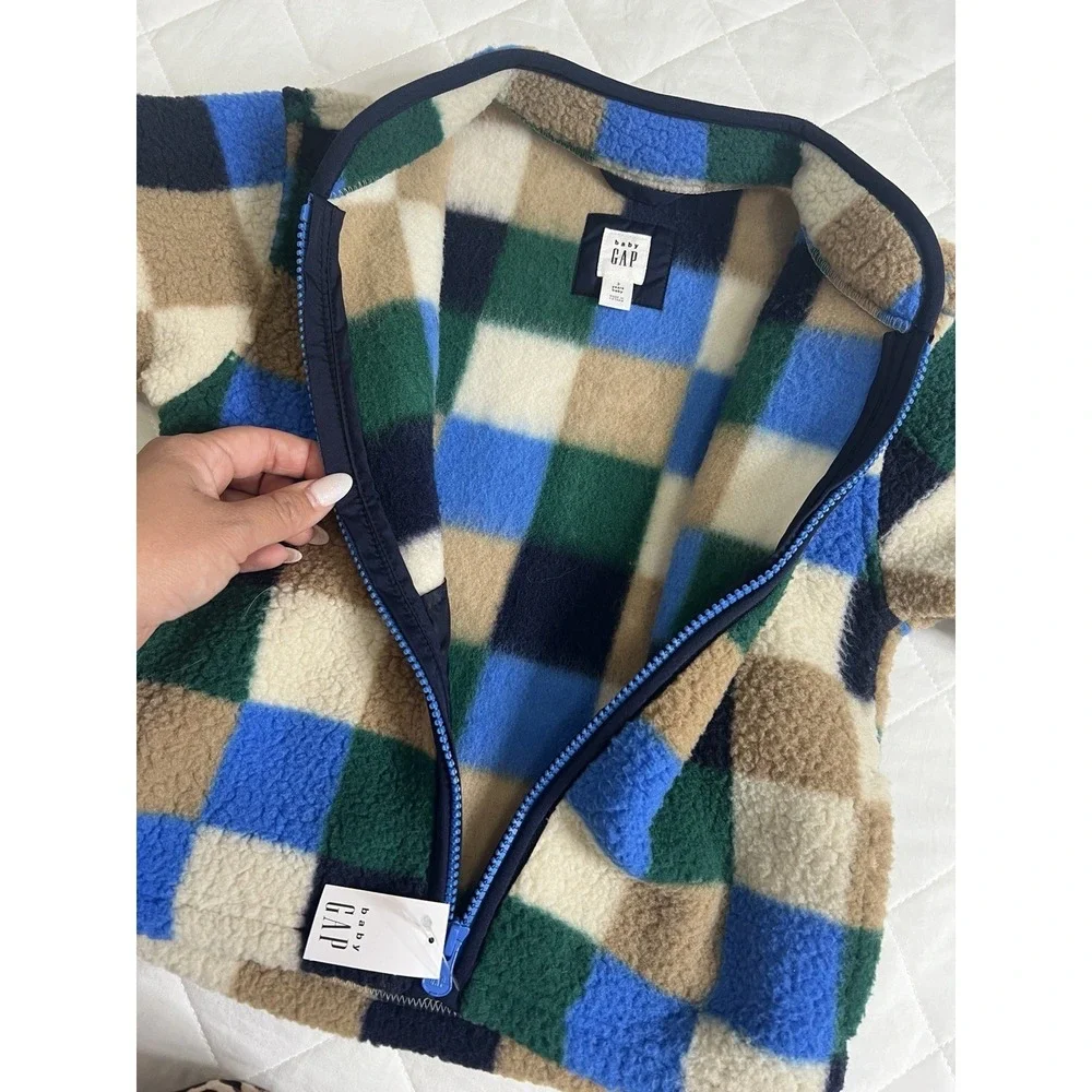 Baby Gap Fleece Jacket 3 Years Green Blue Plaid Buffalo Check Zip Cozy Sherpa